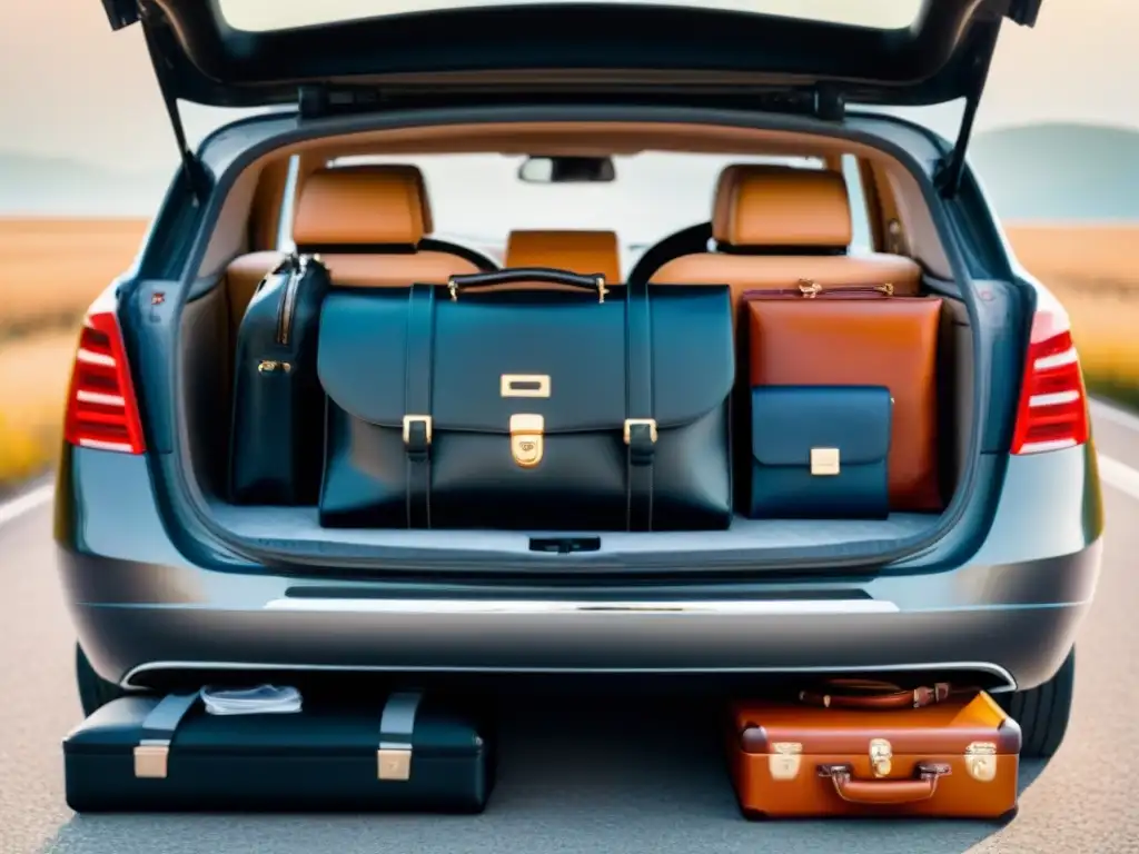 Un elegante maletero de coche lleno de lujosos accesorios de viaje organizados, para un viaje de lujo por carretera