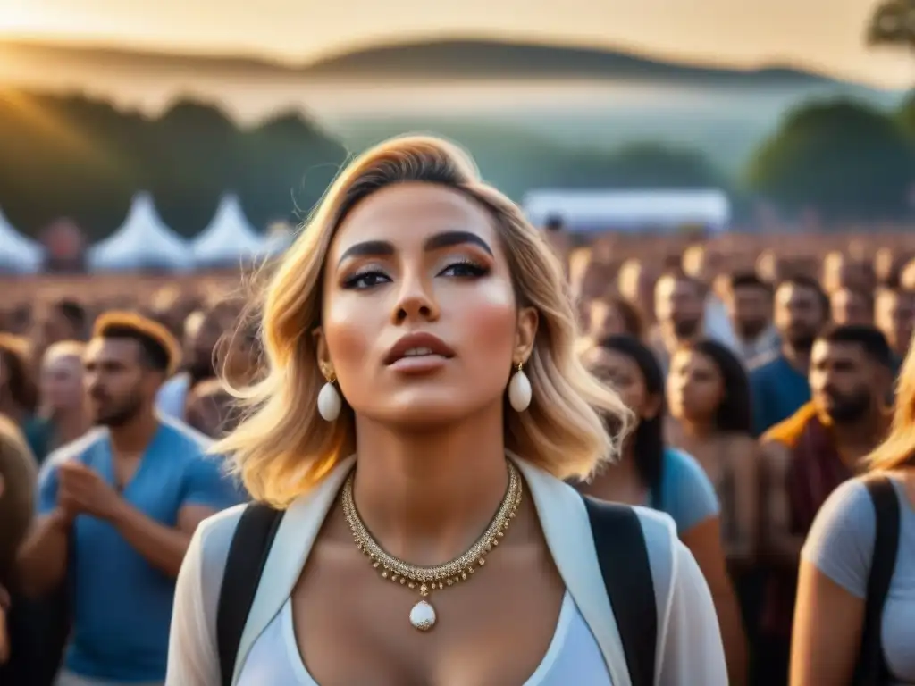 Éxtasis musical al atardecer: festival en sintonía con la naturaleza Emoción intensa de un asistente a festival viendo a su banda favorita en el escenario al atardecer