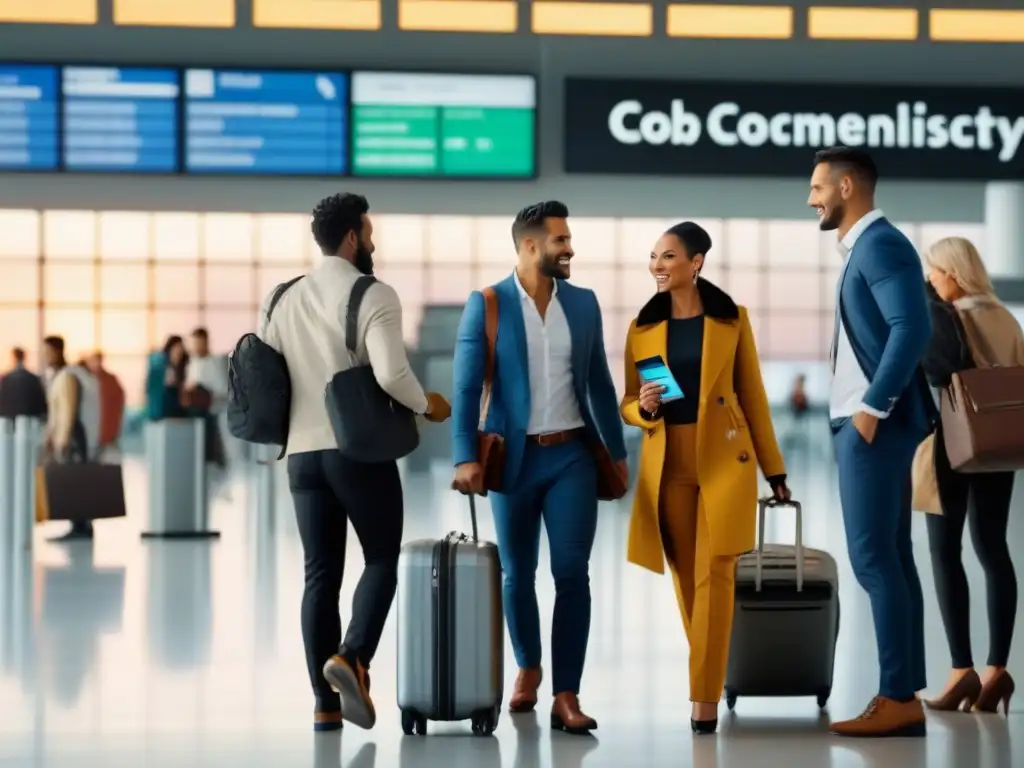 Emocionados viajeros en aeropuerto con tarjetas de crédito de viaje, listos para despegar