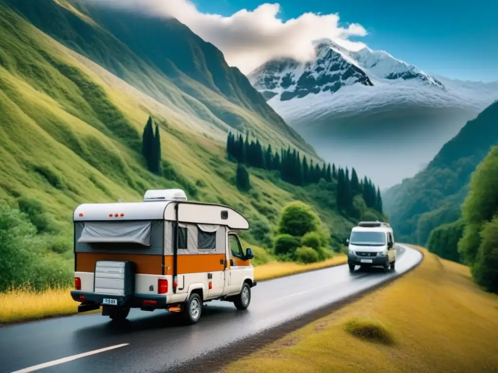 Aventura 4x4: Camper en montaña con Asistencia en Carretera Emocionante aventura en carretera con un vehículo todoterreno remolcando una caravana, rodeado de naturaleza y picos nevados