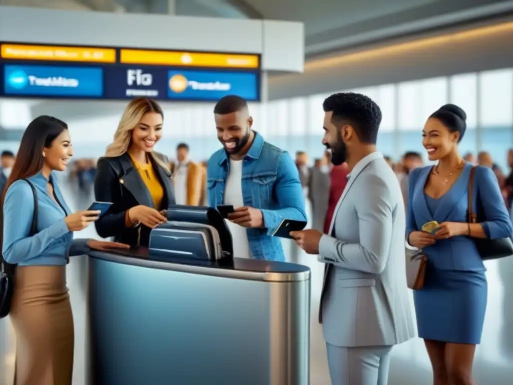 Emocionante escena en el aeropuerto con viajeros y tarjetas de crédito de viaje