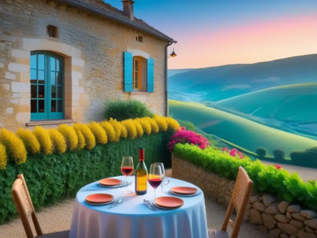 Atardecer mágico en posada francesa en Ruta de los Cátaros Un encantador albergue en el campo francés, con mesas de madera y sombrillas bajo el cálido atardecer en la Ruta de los Cátaros en Francia
