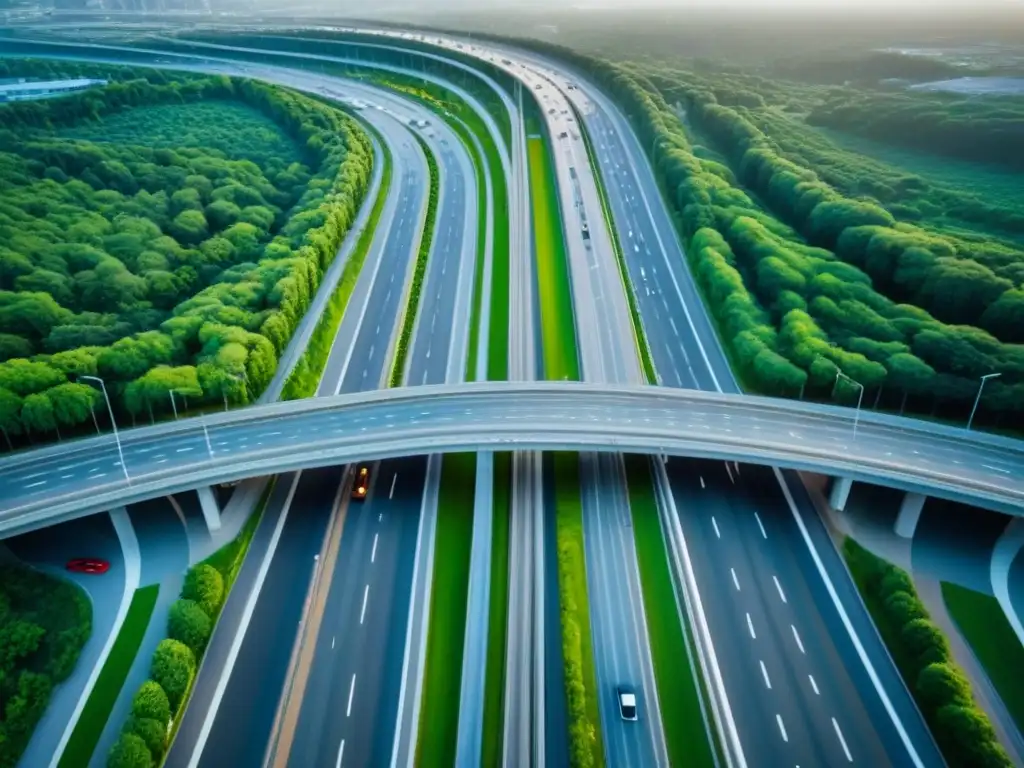 Intersección de autopistas: red de caminos en movimiento Un enjambre de vehículos en un intercambio vial, rodeado de naturaleza, refleja la eficiencia de la Inteligencia Artificial en Viajes por Carretera