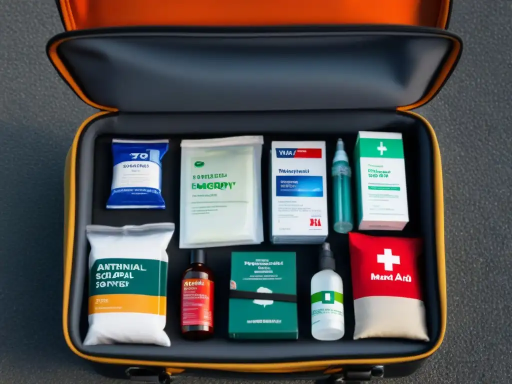 Equipaje esencial travesías internacionales carretera: detallado kit de emergencia organizado para viajes, con elementos para seguridad y preparación