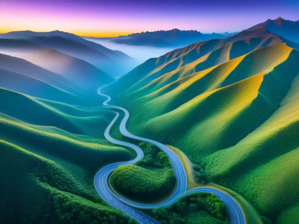 Equipaje esencial travesías internacionales carretera: Carretera serpenteante entre montañas al atardecer, evocando aventura y exploración
