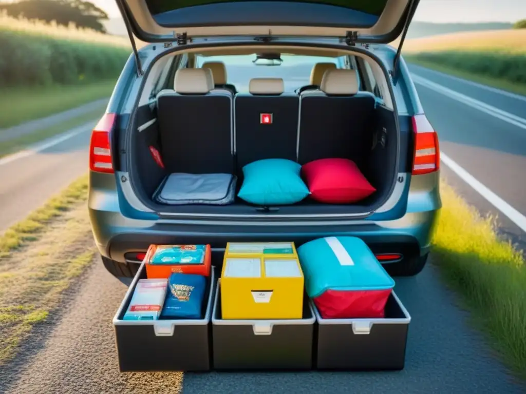 Tronco del coche organizado para viaje familiar Equipamiento esencial viaje carretera niños: Trastero de coche organizado para viaje familiar con niños, lleno de útiles y juegos compactos