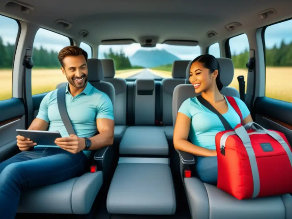 Viaje en familia: minivan equipada para aventuras Equipamiento esencial viaje carretera niños: Familia feliz en minivan con niños entretenidos y padres navegando con mapa