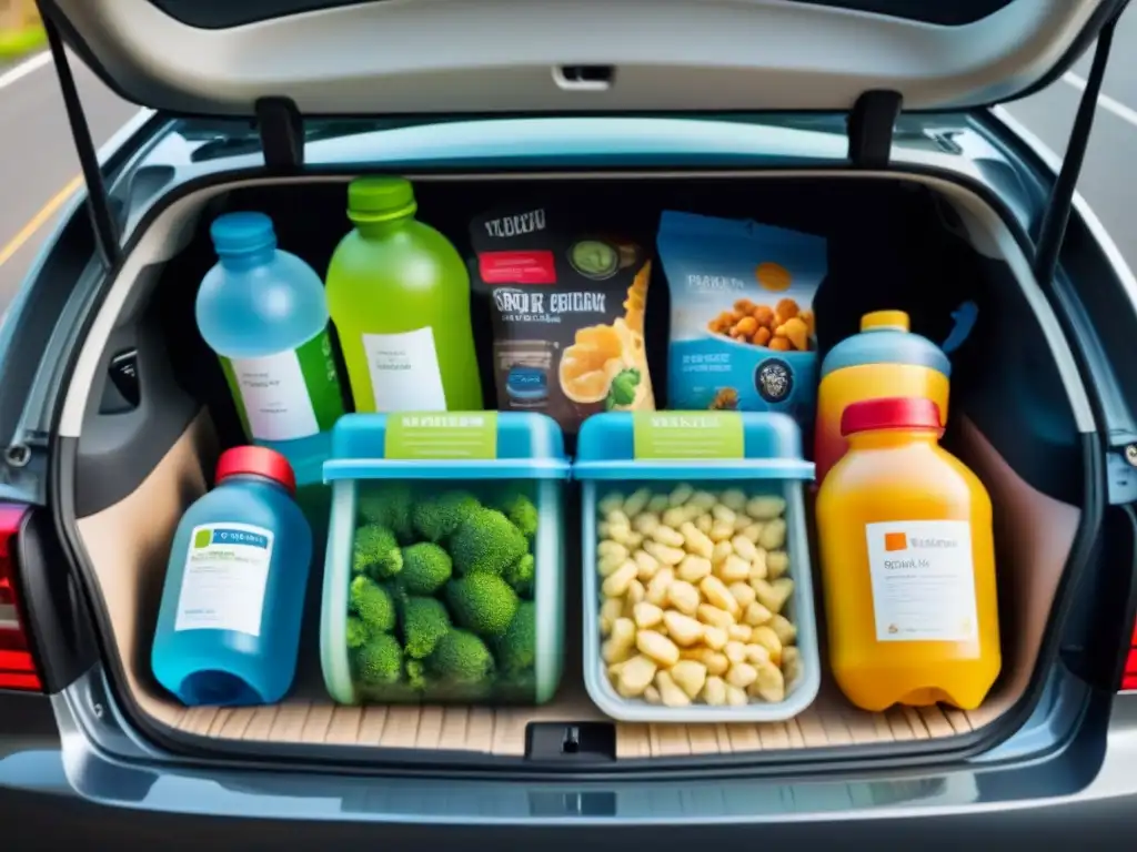 Meriendas saludables y prácticas para viajes en familia en el maletero Equipamiento esencial viaje carretera niños: Bocadillos y botellas coloridas y ordenadas en maletero para viaje en familia