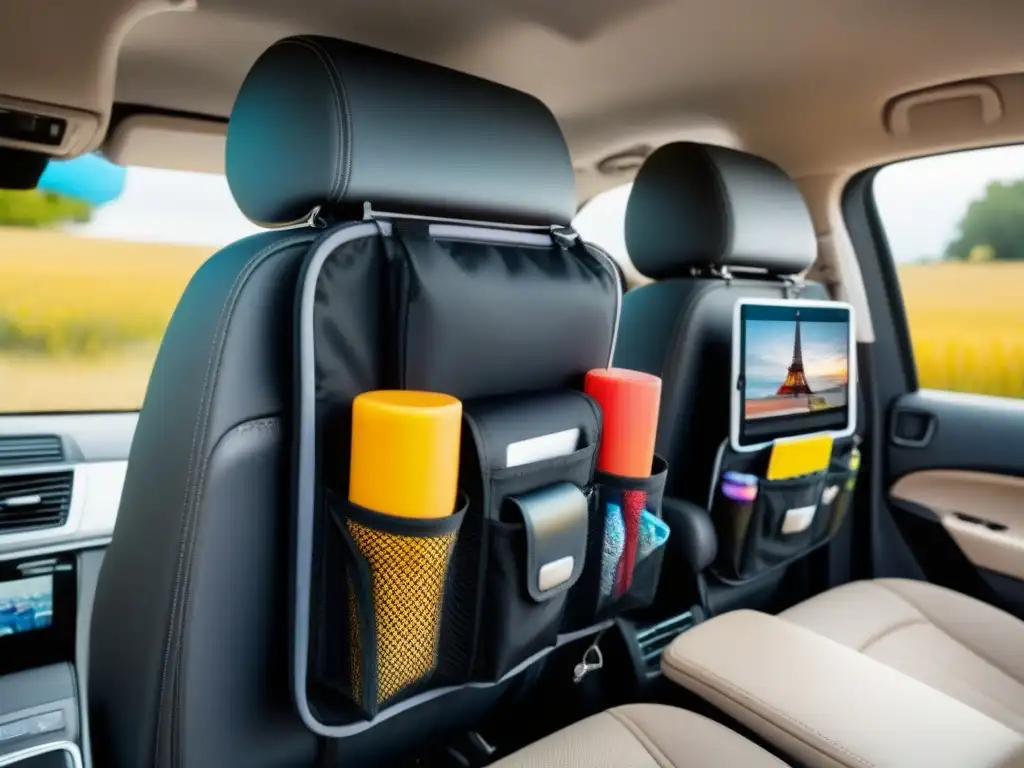 ¡Organización colorida para viajes en familia! Equipamiento esencial viaje carretera niños: organizador colorido repleto de gadgets y juegos para entretener a los pequeños en un viaje en familia