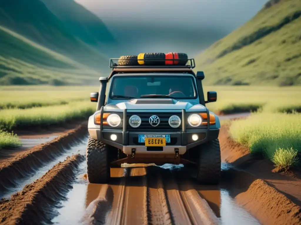 Equipo en acción: Aventura offroad al atardecer Equipo de aventureros trabaja unido para liberar su vehículo atrapado en el barro al atardecer en la naturaleza salvaje