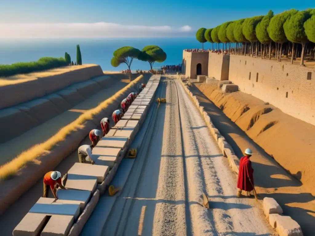 Construcción de la Via Egnatia: Ingenieros romanos bajo el sol Equipo romano construyendo la Via Egnatia bajo el sol, revelando secretos del Imperio Romano