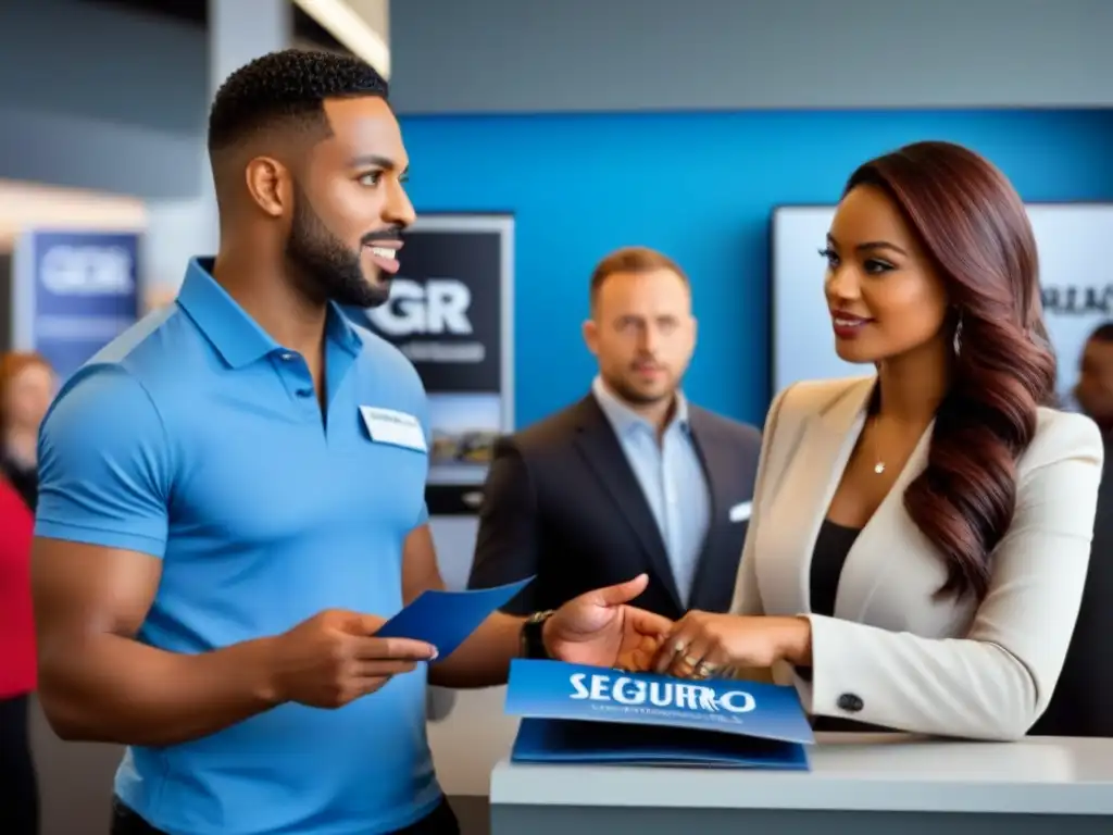 Cliente en agencia de alquiler de coches con Seguro - Profesionalismo y atención en el mostrador Una escena en una agencia de alquiler de coches donde un cliente habla con un agente, mostrando un folleto de 'Seguro de Alquiler de Coche'