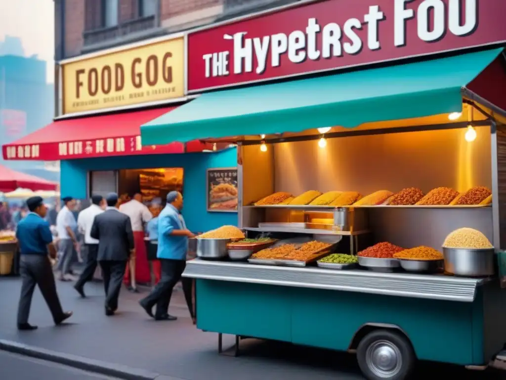 Una escena callejera bulliciosa de los años 50 mostrando vendedores de comida tradicional como tacos, hot dogs y kebabs