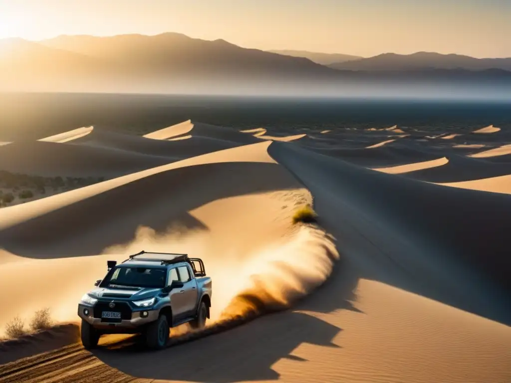 Convoys todoterreno: desafíos en el desierto Una escena desértica con vehículos en distintos terrenos desafiando la ruta