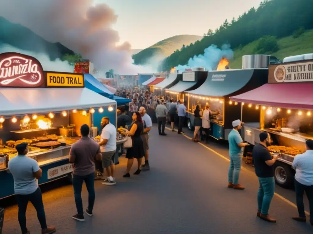 Festival gastronómico en la carretera: diversidad y alegría Escena detallada de festival gastronómico en carretera icónica, chefs sonrientes ofrecen muestras a multitud variada