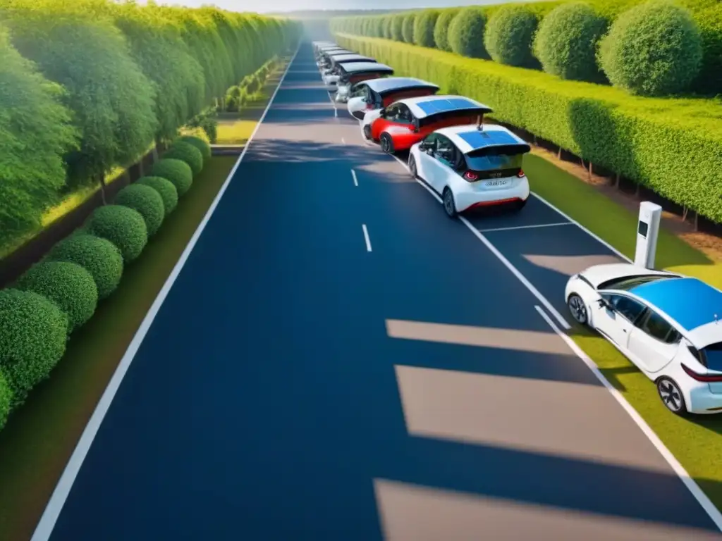 Estación de carga solar para autos eléctricos: armonía sostenible Una escena eco-friendly de autos eléctricos cargando en estación solar