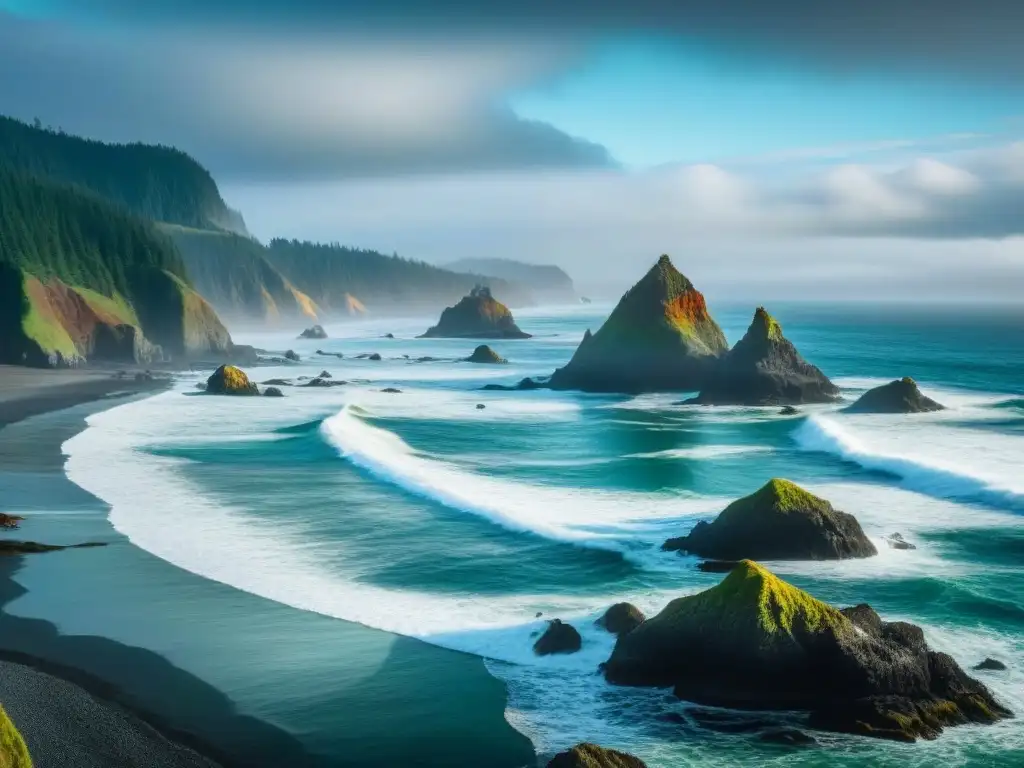 Escena impresionante de la costa de Oregón con acantilados, mareas y vida marina