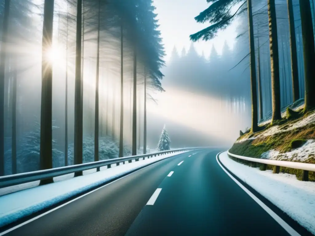 Carretera mágica del Bosque Negro en Alemania Escena mágica de la Ruta de Viaje por Carretera en el Bosque Negro, Alemania, con árboles nevados y sol filtrándose entre las copas