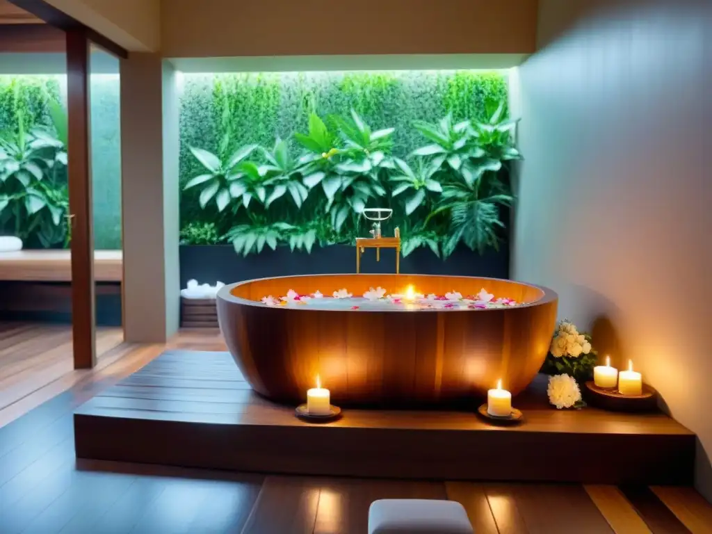 Escena relajante de spa con bañera de madera lujosa, plantas verdes y velas