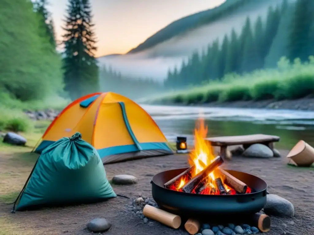 Campamento sereno en bosque verde con arroyo al atardecer Escena tranquila en el camping en la naturaleza sereno con arroyo y puesta de sol