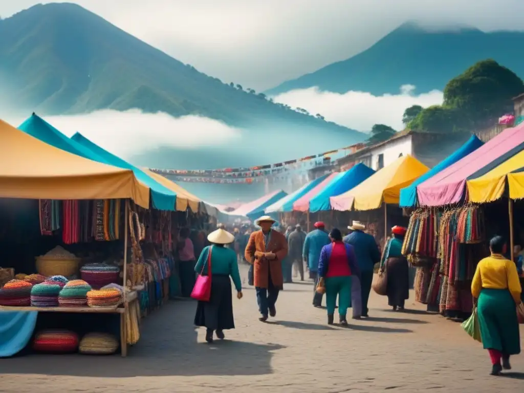 Escena vibrante en feria local de Chichicastenango, Guatemala, con colores y textiles mayas