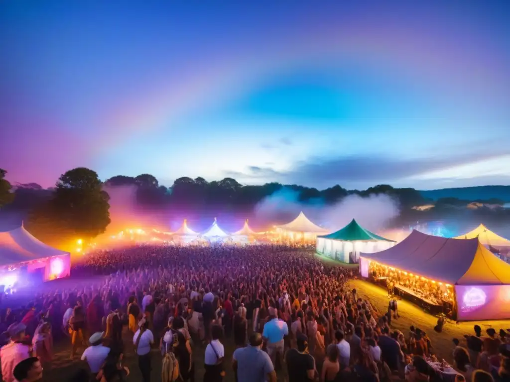 Festival de música vibrante: diversidad y alegría bajo las estrellas Una escena vibrante de festival de música desde las alturas, con una multitud diversa bailando bajo el cielo estrellado