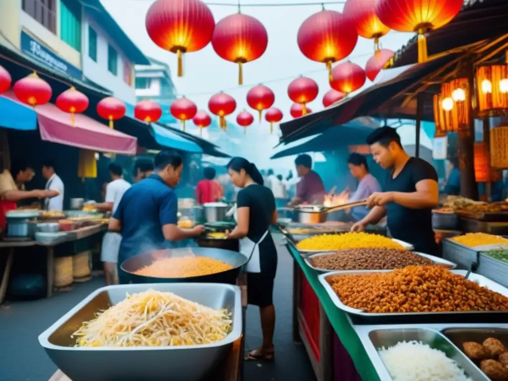 Mercado callejero en Bangkok: sabores y colores vibrantes Escena vibrante de Bangkok con los mejores puestos de comida callejera tailandesa