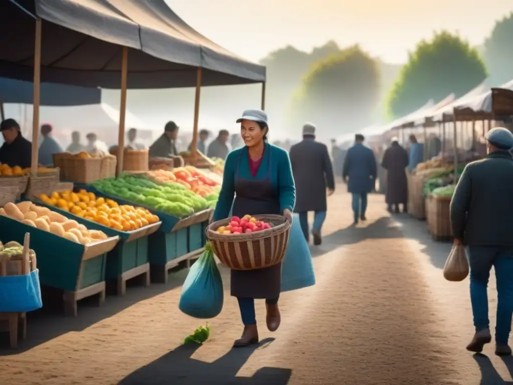 Mercado orgánico al amanecer: colores, sabores y comunidad Escena vibrante en mercado orgánico al amanecer con agricultores y clientes, frutas y verduras coloridas