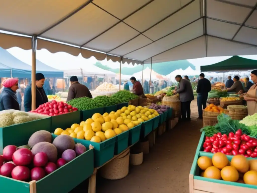 Mercado orgánico vibrante: comunidad, sostenibilidad y deleite culinario Escena vibrante de mercado orgánico con frutas frescas, verduras y productos artesanales
