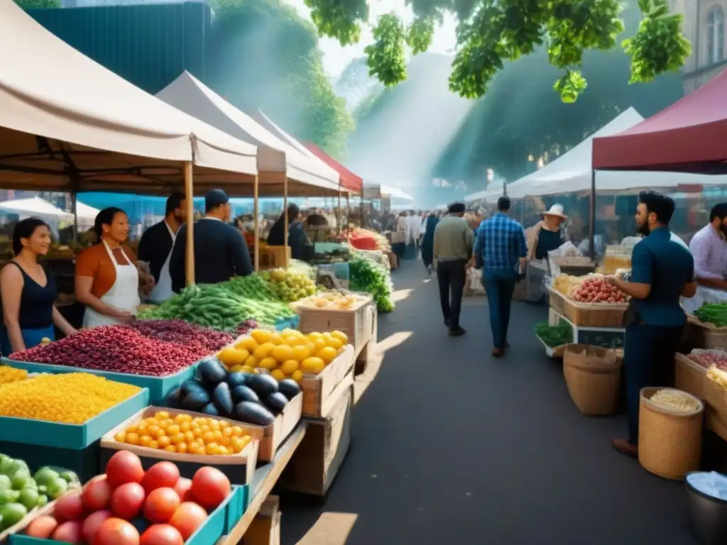 Mercado orgánico vibrante: frescura y color en la feria Escena vibrante en mercado orgánico con puestos coloridos de productos frescos, multitud explorando, ambiente acogedor