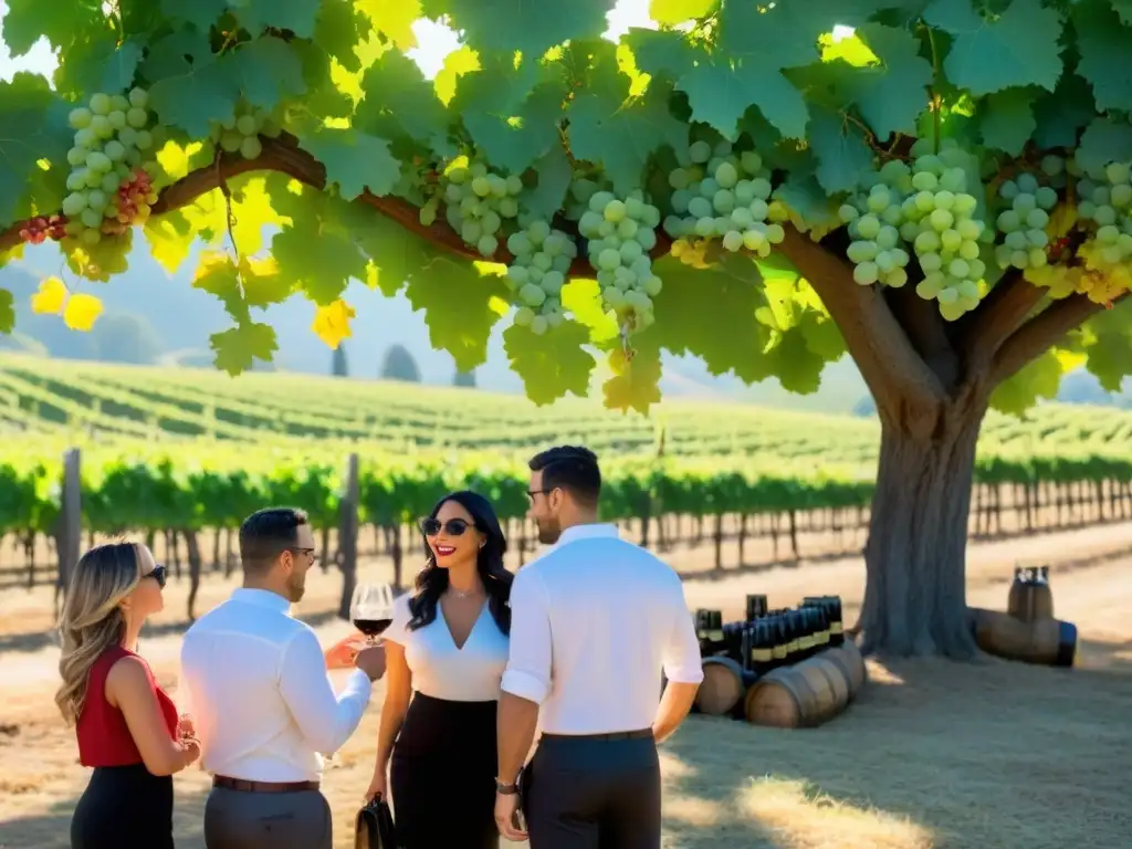 Sommeliers degustando vinos en viñedos de Napa Valley Un escenario elegante en el Festival de Vino Napa Valley: sommeliers catando vinos bajo el sol en los viñedos