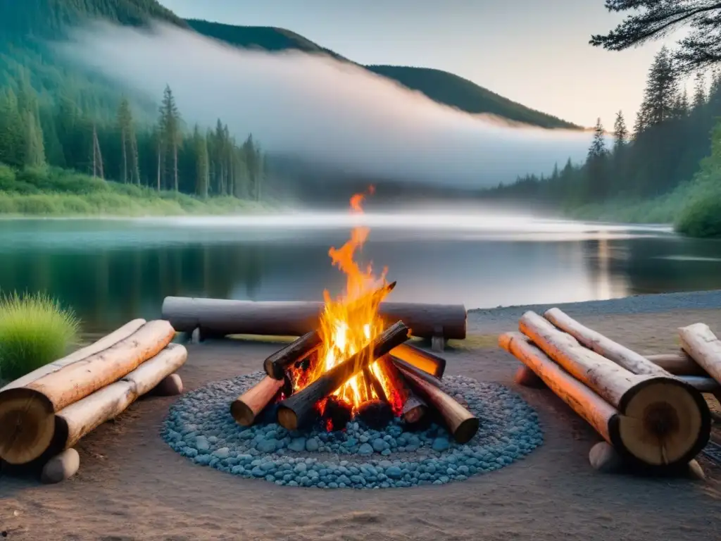 Campamento tranquilo en el bosque: serenidad y conexión con la naturaleza Un escenario sereno en un campamento en el bosque, con río y fogata lista para noches cálidas