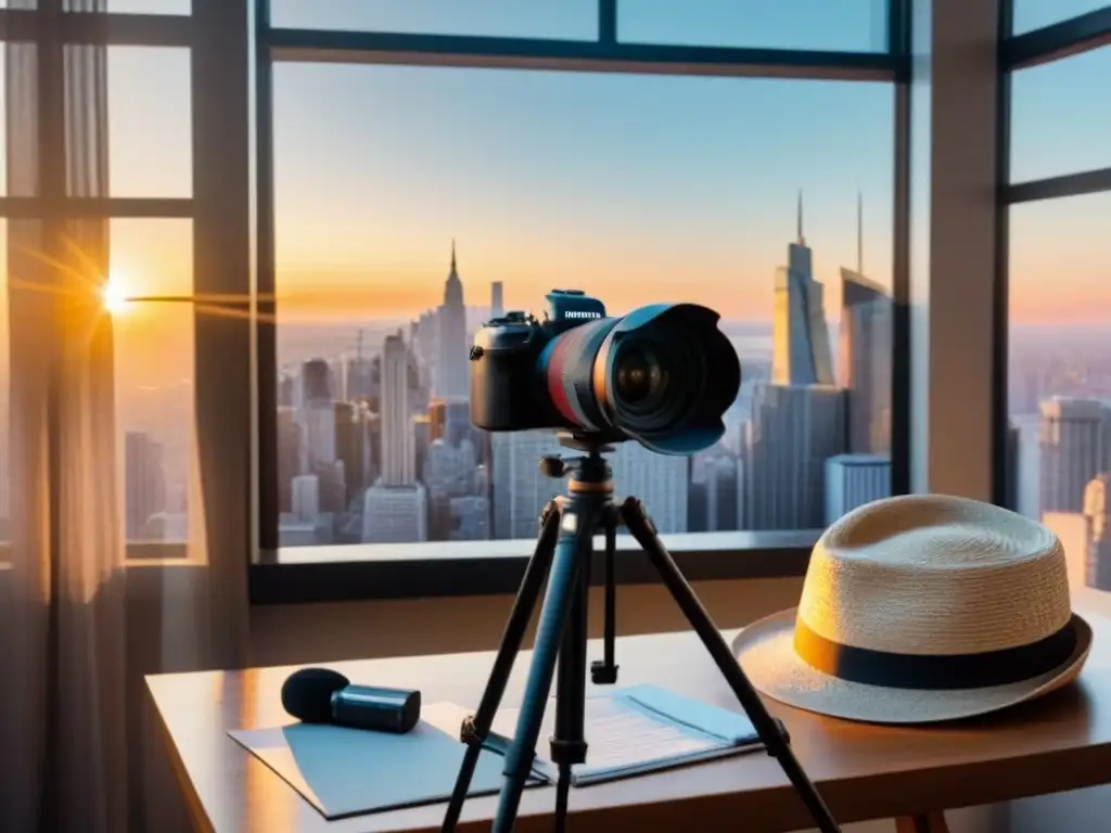 Escenario de filmación de vlogger de viajes día típico con cámara, notas, mapa mundial, pasaporte, micrófono y sombrero al sol