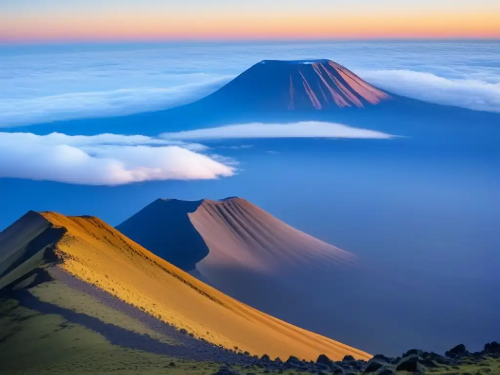 Espléndida vista panorámica desde la cumbre del Kilimanjaro al amanecer Espectacular amanecer desde la cumbre del Kilimanjaro, con la sabana africana abajo y el pico nevado destacando
