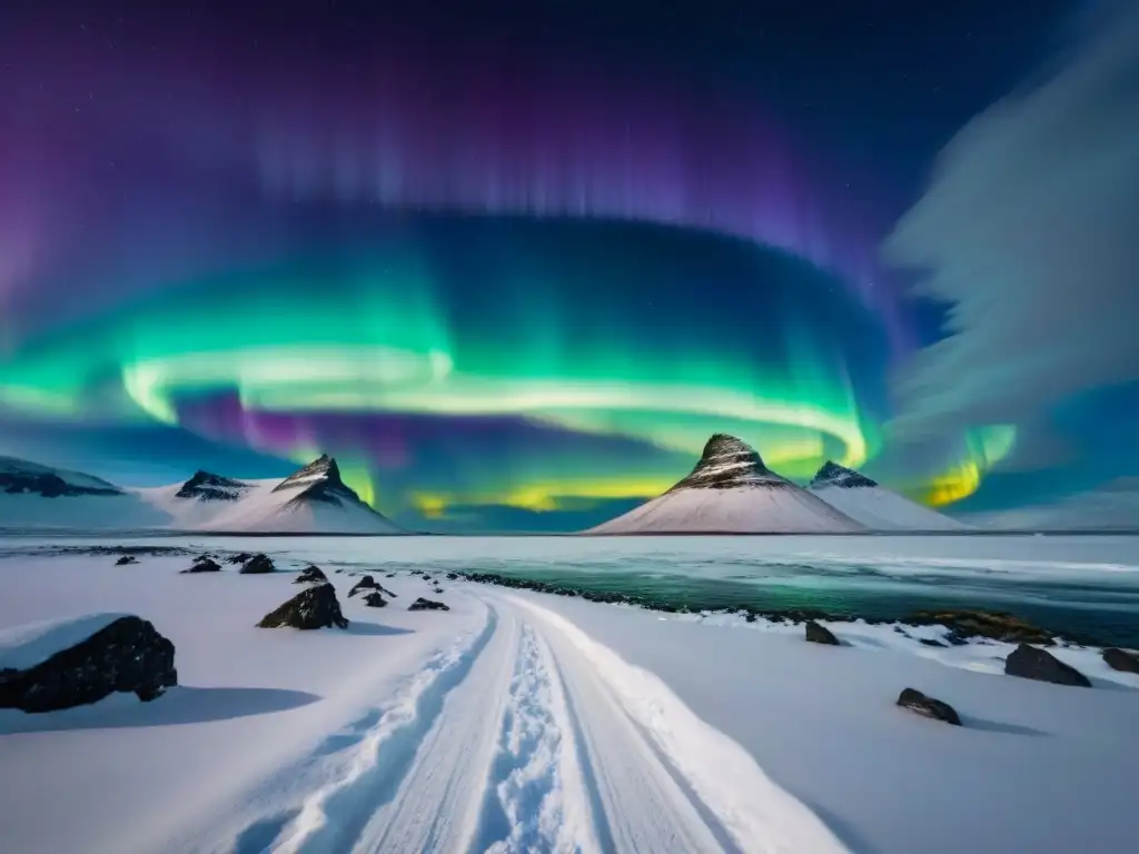 Aurora Boreal en Islandia: Espectáculo de luces y colores en la noche Espectacular aurora boreal iluminando el paisaje nevado islandés