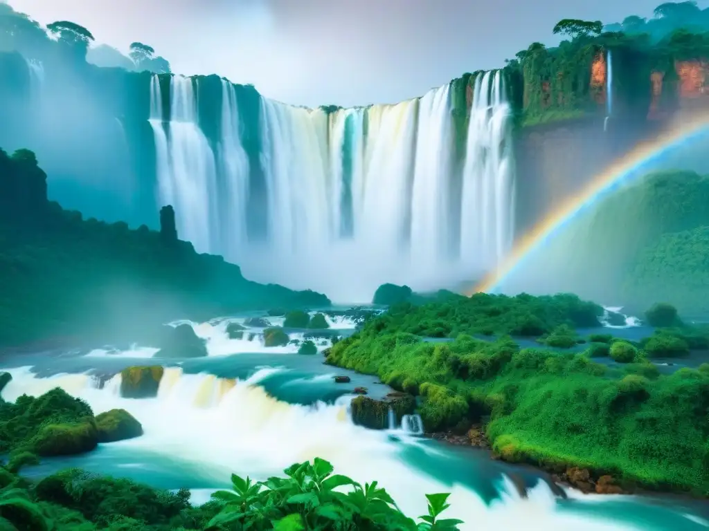 Espectacular cascada de Iguazú en la frontera de Argentina y Brasil, rodeada de vegetación exuberante y niebla