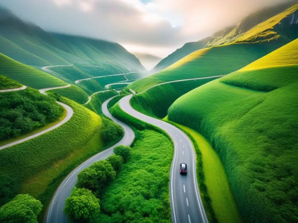 Carretera sostenible entre montañas verdes Un espectacular paisaje de montañas verdes con un sinuoso camino y vehículos eléctricos, promoviendo viajes por carretera sostenibles