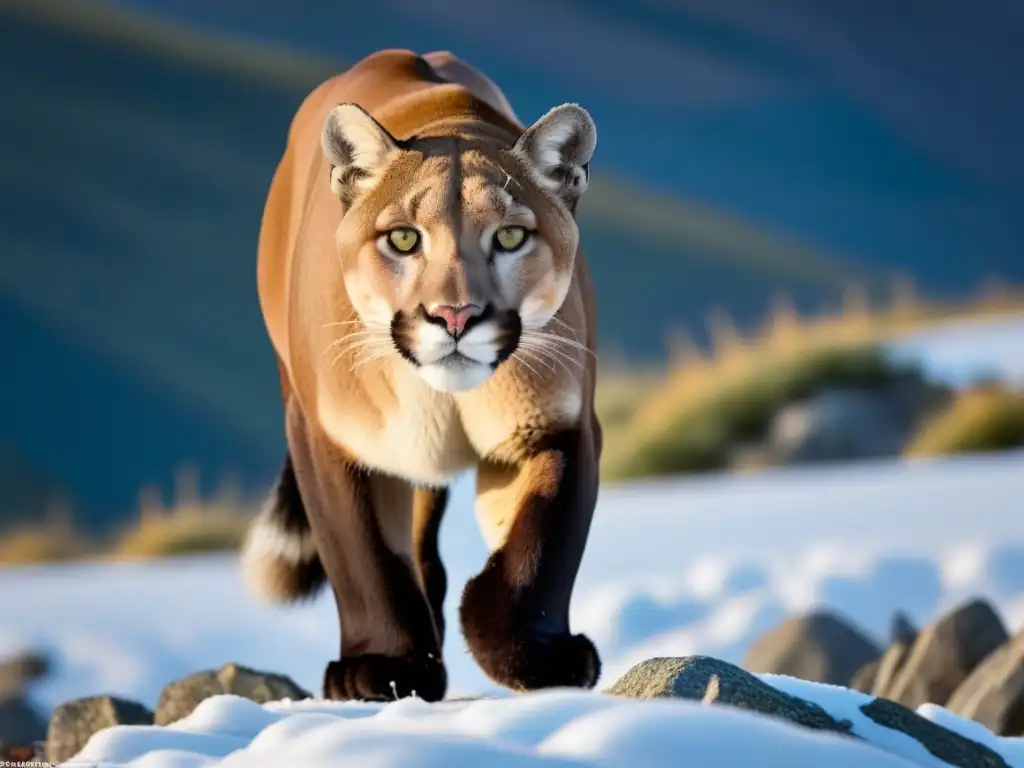 Espectacular puma en la Ruta del Puma, Patagonia Argentina, mostrando su elegancia salvaje en la nieve