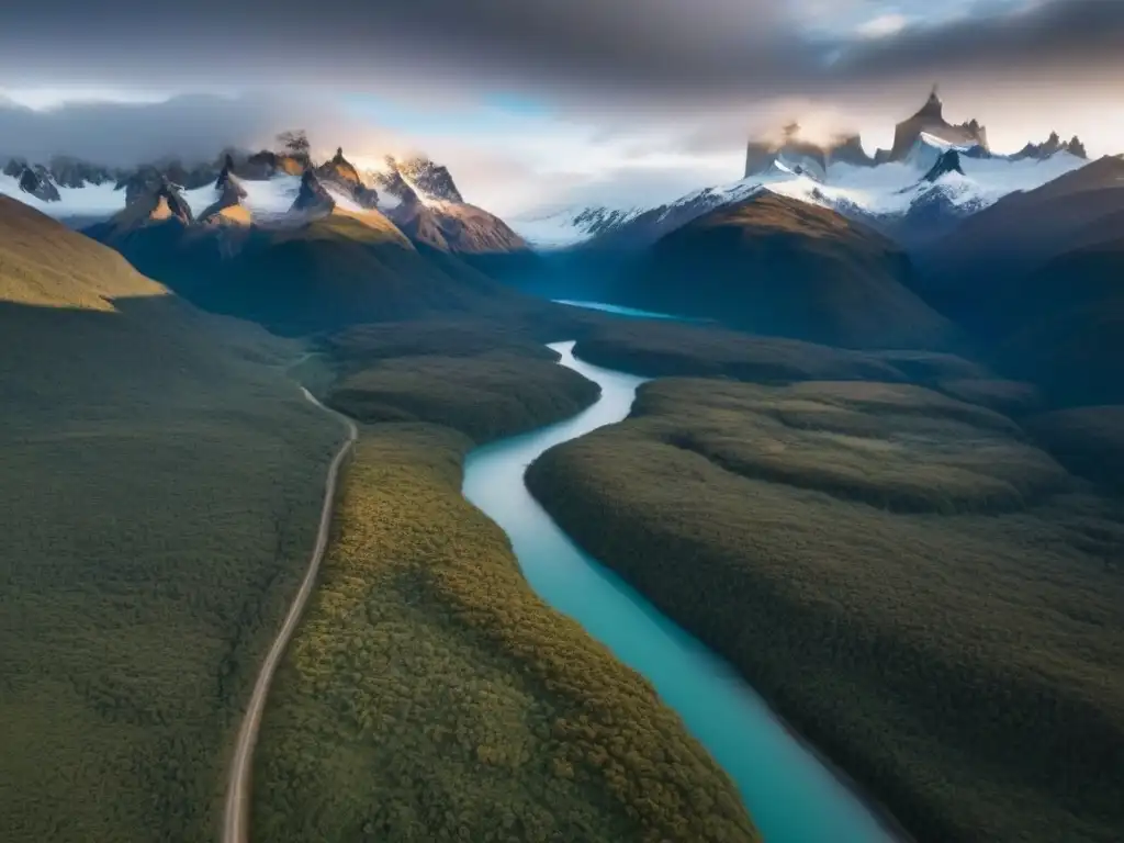 Espectacular vista aérea de la salvaje Patagonia Argentina con los Andes nevados al fondo, bosques densos, lagos prístinos y un río serpenteante