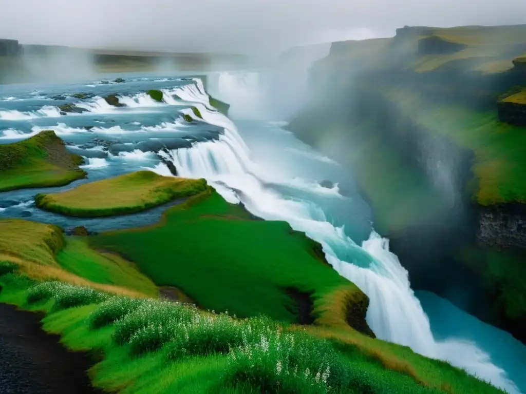 Cascada de Gullfoss: majestuosidad y belleza natural en Islandia Espectacular vista panorámica de la majestuosa cascada Gullfoss en Islandia