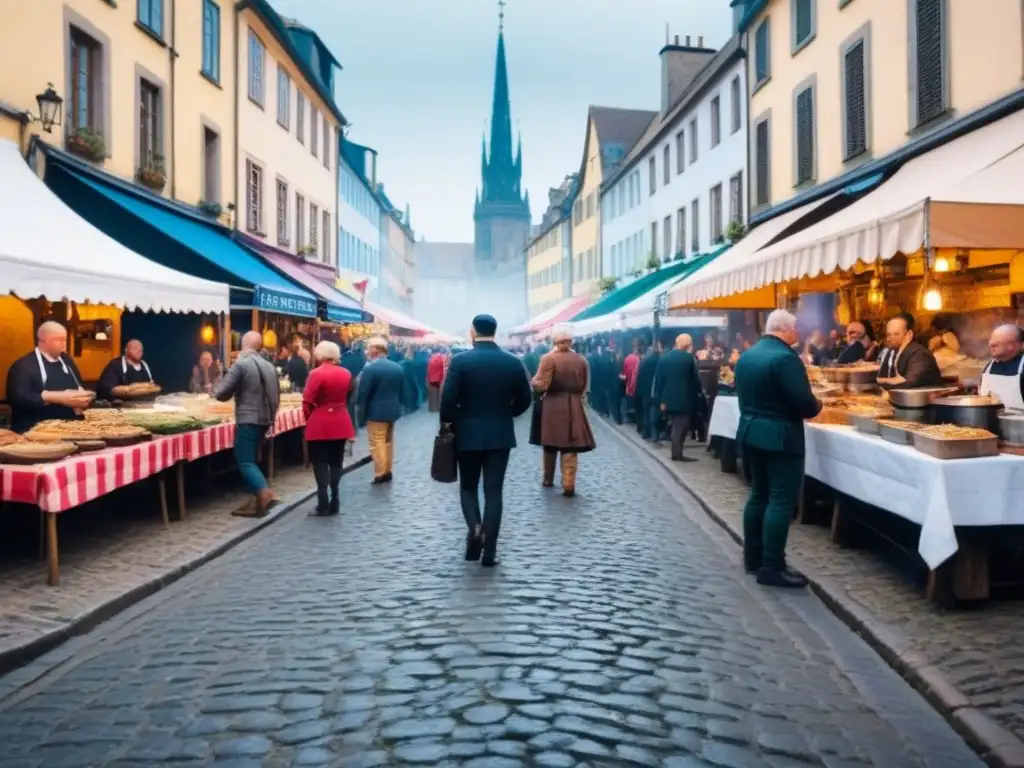 Vibrante festival gastronómico al aire libre en Europa Evento gastronómico vibrante en Europa con puestos de comida coloridos y música en vivo, celebrando culturas locales y viajes