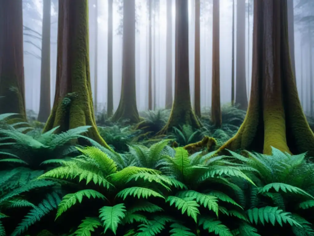 Bosque ancestral de Oceanía: majestuosidad y misticismo Exploración de bosques antiguos en Oceanía: majestuosos árboles, helechos verdes y luz filtrándose entre el dosel