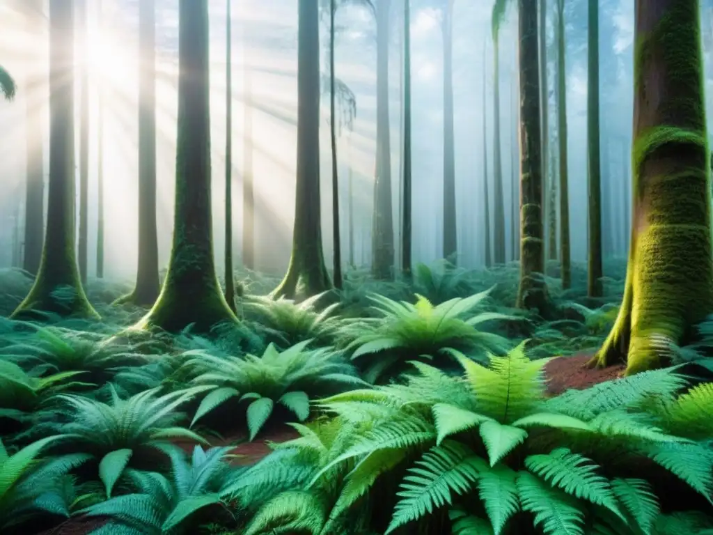 Magia en el bosque: paisaje encantador de un antiguo bosque en Oceanía Exploración de bosques antiguos en Oceania: imagen de un frondoso bosque con árboles altos y rayos de luz filtrándose entre la vegetación