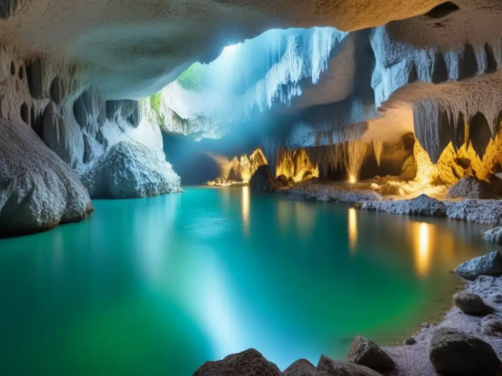 Exploración de cuevas en Eslovenia: Increíble caverna iluminada por luz natural, estalactitas y exploradores maravillados