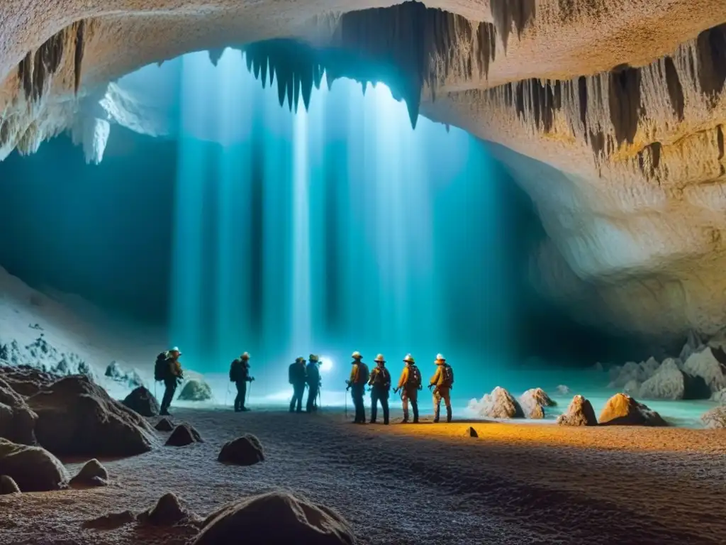 Exploración de cuevas en Eslovenia: Caverna subterránea iluminada por luz etérea, estalactitas y estalagmitas brillantes, exploradores en la distancia