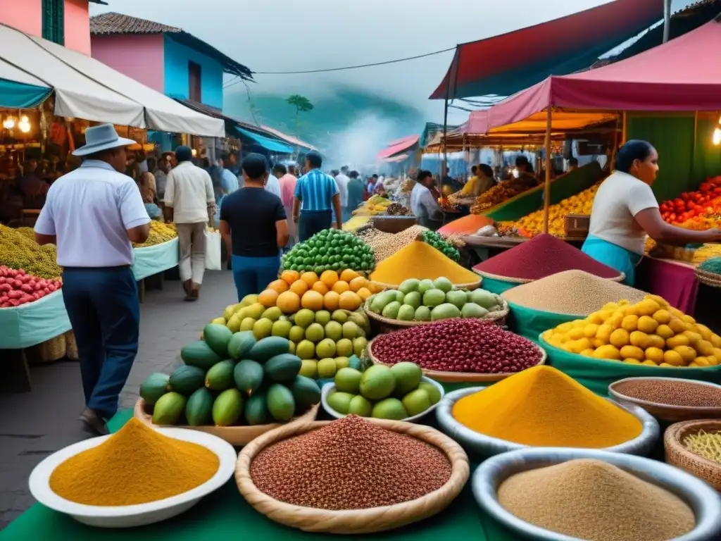 Mercado tradicional latinoamericano: colores y sabores auténticos Exploración de sabores auténticos en un bullicioso mercado tradicional de América Latina