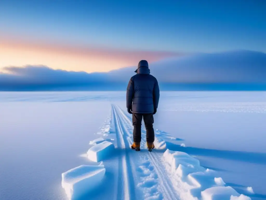 Figura solitaria bajo el sol de medianoche en el Círculo Ártico Explorador contemplando el sol de medianoche en la vasta tundra ártica