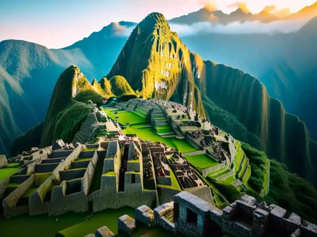Machu Picchu al atardecer: Viajeros maravillados por la majestuosidad Exploradores maravillados en Machu Picchu al atardecer