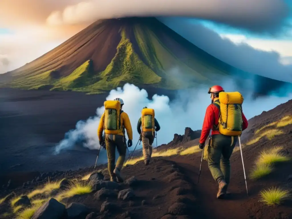 Exploradores en ruta hacia volcán activo en América Latina Exploradores en ruta segura hacia volcán en América Latina