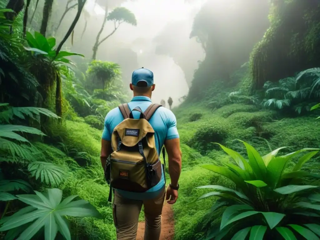 Exploradores aventureros en la jungla africana exuberante Exploradores en ruta por la selva africana, rodeados de exuberante vegetación y fauna exótica